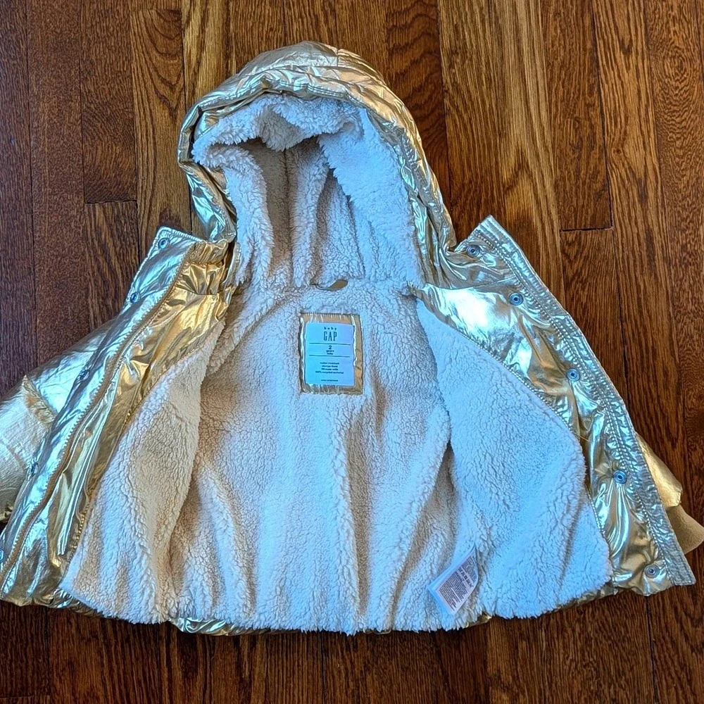 Baby Gap Gold‎ Metallic Sherpa Lined Puffer Jacket Hooded Coat 2T New Shiny Fun